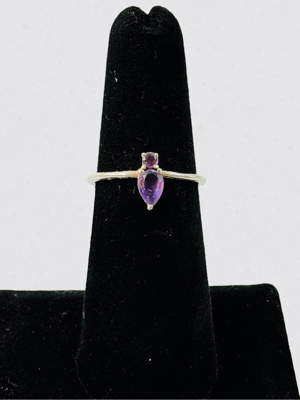 Sterling Silver 925 Tear Drop Pear Shape Amethyst Ring Band Size 6.5 Two Stone